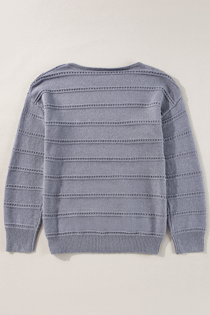 Pale Khaki Boat Neck Drop Shoulder Pointelle Knit Sweater - Sweaters & Cardigans/Sweaters