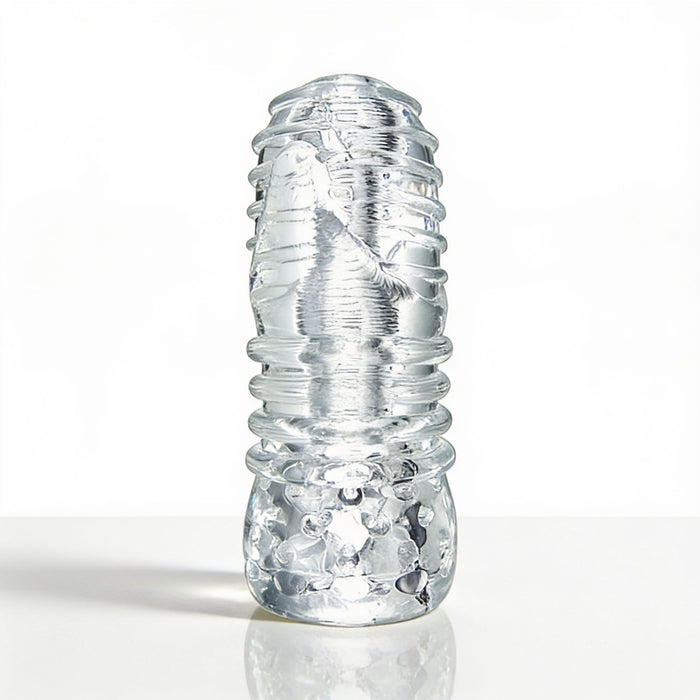 Palm-Tec LX20 Intense Stroker standing upright with a transparent textured exterior featuring raised rings and stimulating internal contours