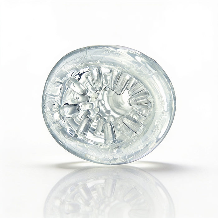 Front-facing view of the Palm-Tec LX20 Intense Stroker displaying the tight opening and intricate internal texture for enhanced stimulation