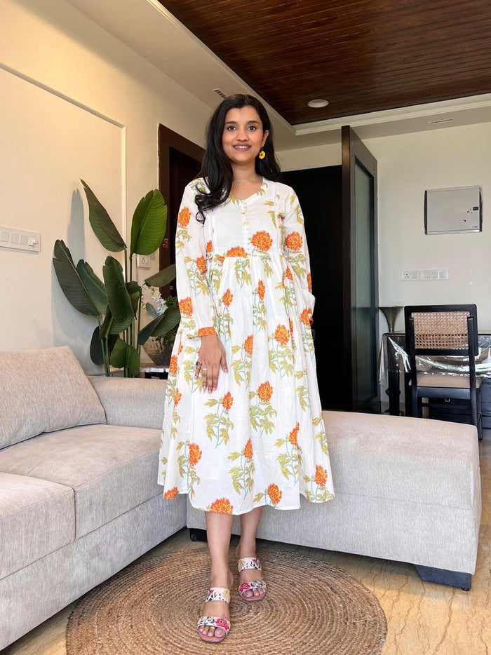 Parisha Boota Cotton Dress- Orange Florals
