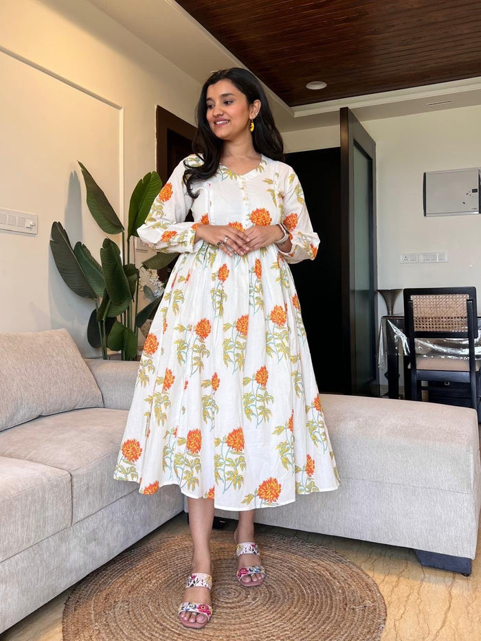 Parisha Boota Cotton Dress- Orange Florals