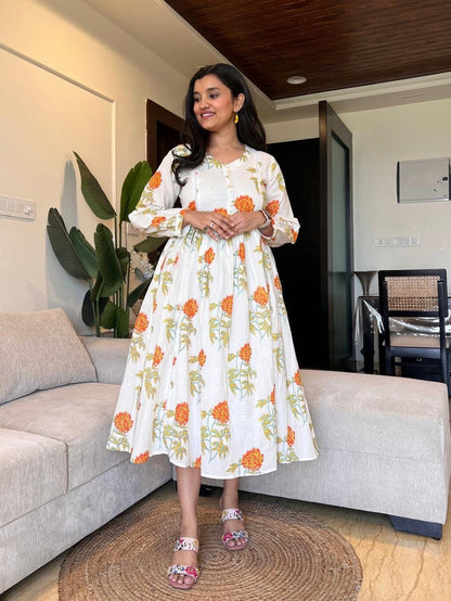 Parisha Boota Cotton Dress- Orange Florals