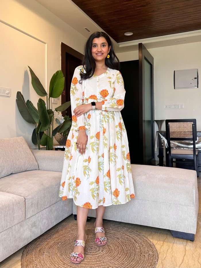 Parisha Boota Cotton Dress- Orange Florals