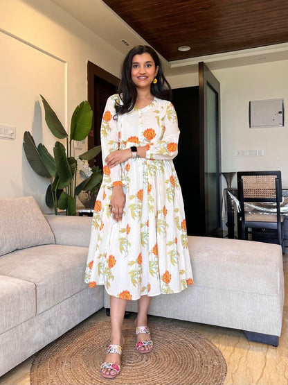 Parisha Boota Cotton Dress- Orange Florals