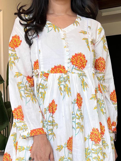Parisha Boota Cotton Dress- Orange Florals
