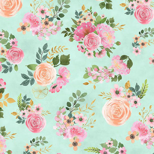 Peony Blossoms Bouquet Toss Teal 34712-737, quilting fabric by Wilmington