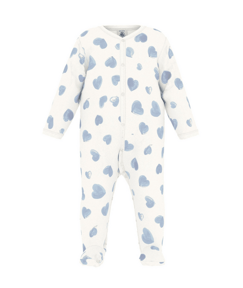 Petit Bateau Front Snap Footie in Blue Hearts