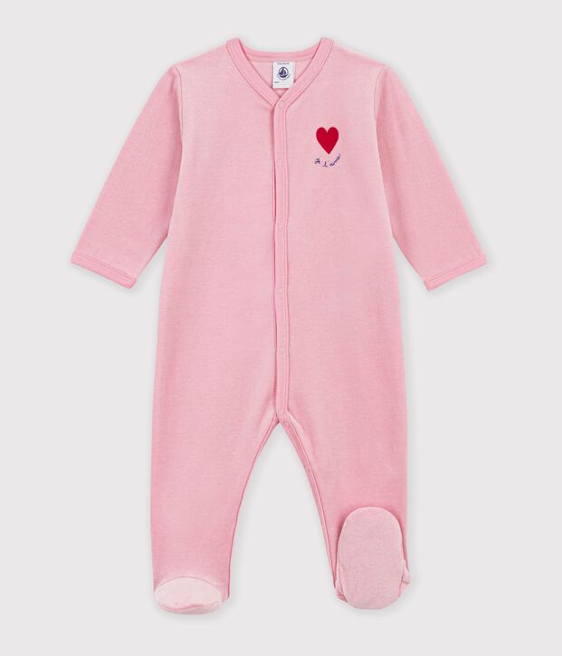 Petit Bateau Velour Snap Footie with Heart in Pink