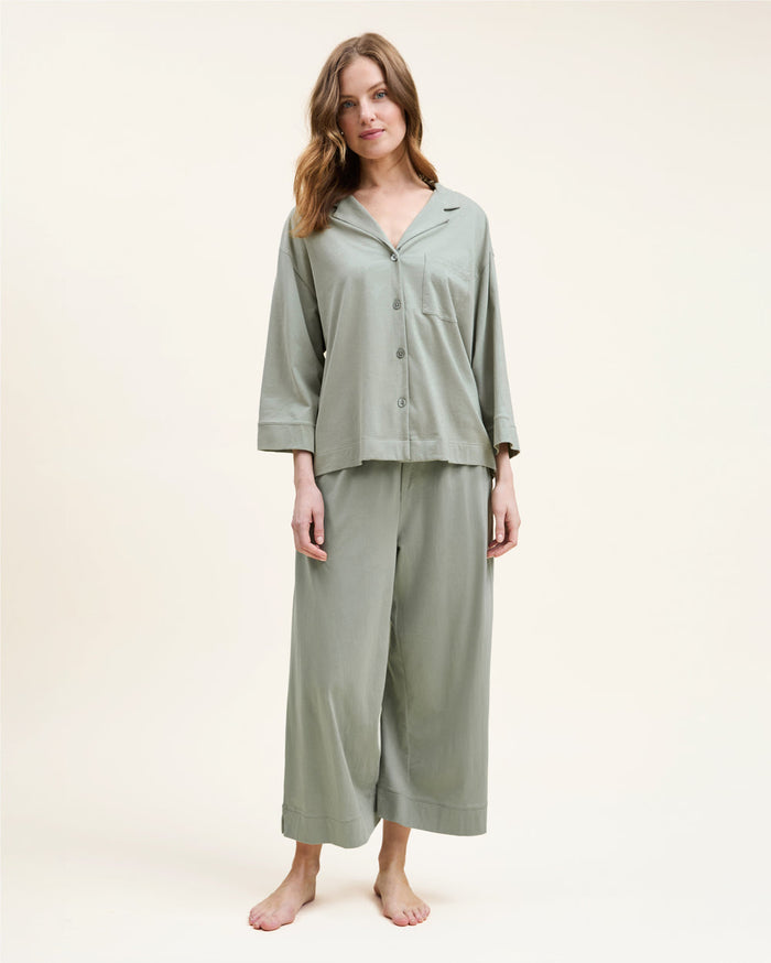Petite Plume Olivia Wide Leg Pima Pajama Set in Sage
