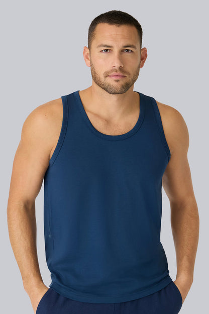 Front view of a man wearing Pima Tank in True Navy