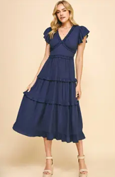 Pinch Ruffled Tea Length Dress