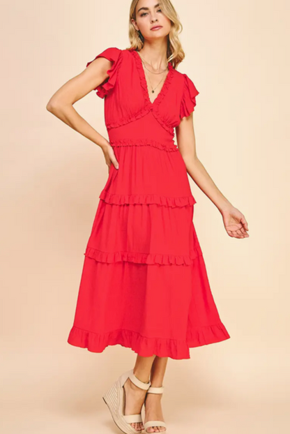 Pinch Ruffled Tea Length Dress