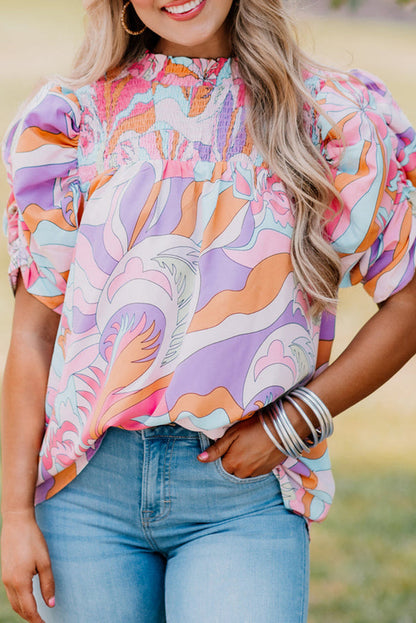 Pink Abstract Print Bubble Sleeve Smock Detail Blouse - PINK / S / 100% COTTON - Tops/Blouses & Shirts