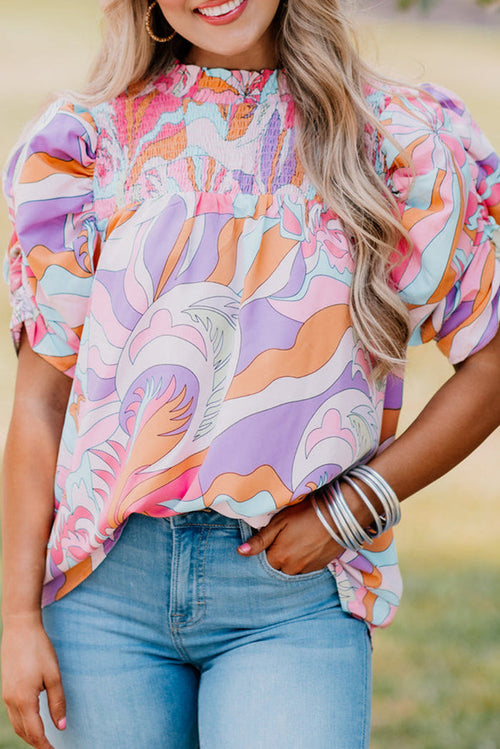 Pink Abstract Print Bubble Sleeve Smock Detail Blouse - PINK / S / 100% COTTON - Tops/Blouses & Shirts
