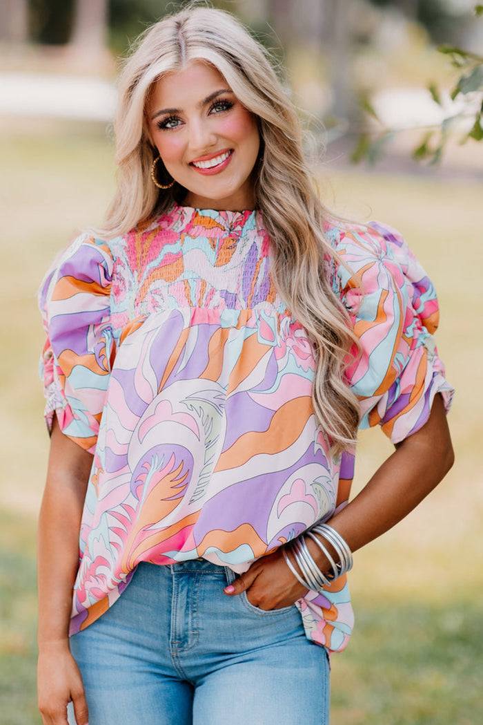 Pink Abstract Print Bubble Sleeve Smock Detail Blouse - Tops/Blouses & Shirts