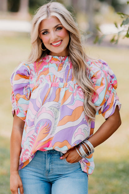 Pink Abstract Print Bubble Sleeve Smock Detail Blouse - Tops/Blouses & Shirts