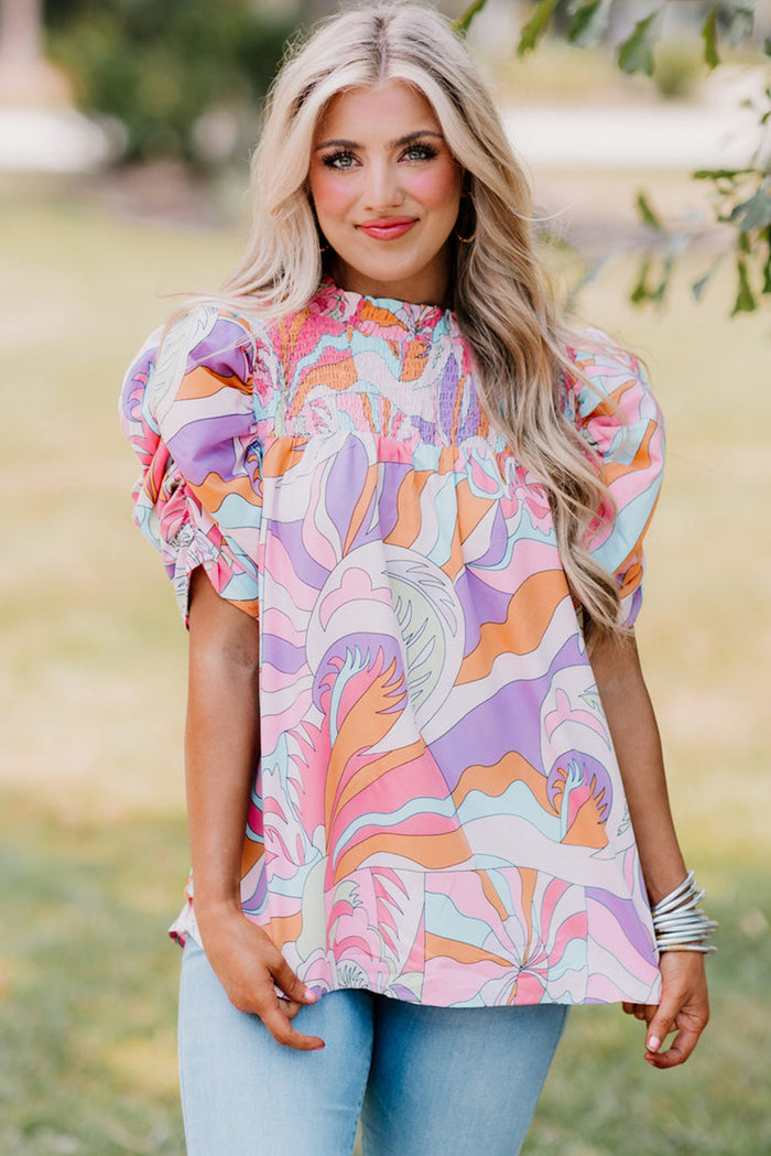 Pink Abstract Print Bubble Sleeve Smock Detail Blouse - Tops/Blouses & Shirts