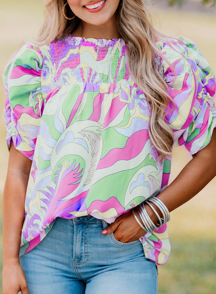 Pink Abstract Print Bubble Sleeve Smock Detail Blouse - GREEN / S / 100% COTTON - Tops/Blouses & Shirts