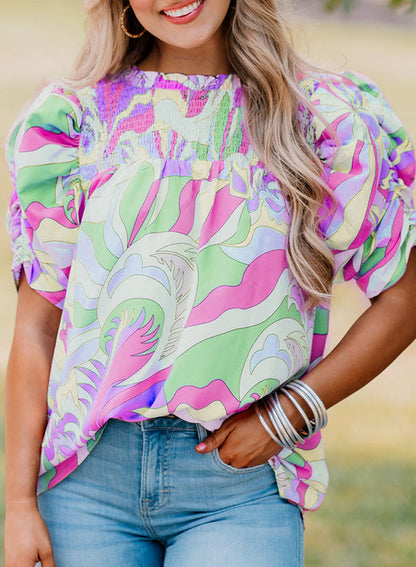 Pink Abstract Print Bubble Sleeve Smock Detail Blouse - GREEN / S / 100% COTTON - Tops/Blouses & Shirts