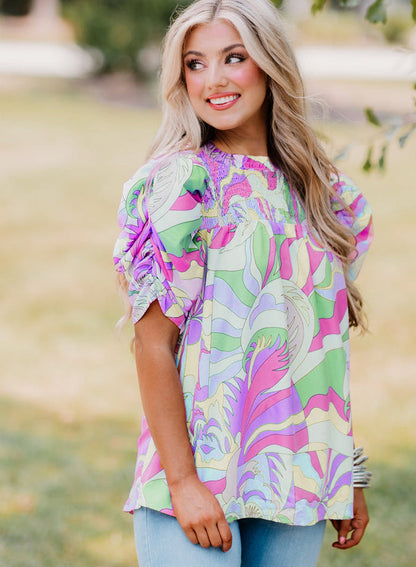 Pink Abstract Print Bubble Sleeve Smock Detail Blouse - Tops/Blouses & Shirts