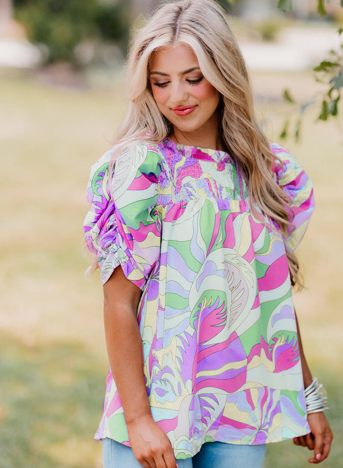 Pink Abstract Print Bubble Sleeve Smock Detail Blouse - Tops/Blouses & Shirts