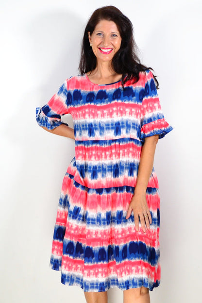 Pink and blue tie-dye tunic dress by Hourglass, featuring a relaxed fit and vibrant pattern, perfect for casual wear.