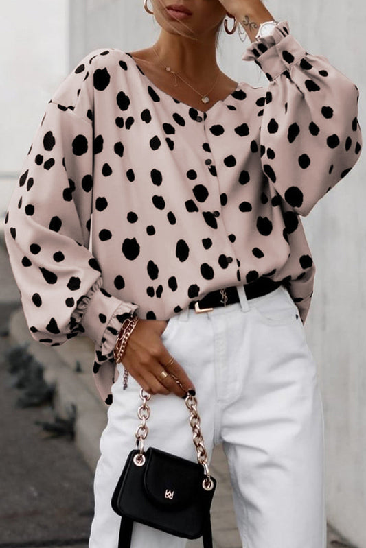 Pink Button Frill Cuffs Oversize Puff Sleeve Blouse - PINK / S / 100% POLYESTER - Tops/Blouses & Shirts