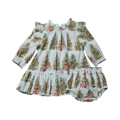 Pink Chicken Baby Girls Harper Dress Set in Mint Trees and Presents