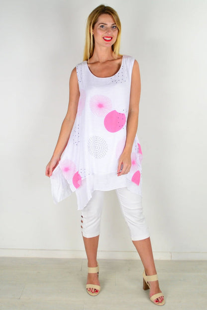 Pink circle sleeveless tunic top from La Mode with a relaxed fit, displayed on a hanger against a neutral background.