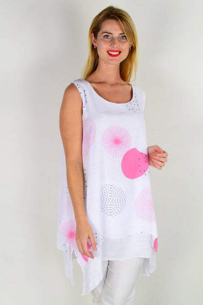 Pink circle sleeveless tunic top by La Mode, casual sleeveless design with a relaxed fit, suitable for warm weather.