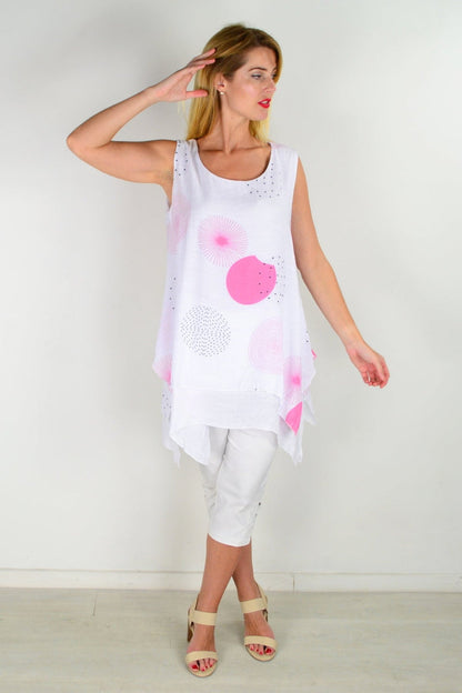 Pink circle sleeveless tunic top by La Mode, shown on a hanger with a relaxed fit and round neckline.