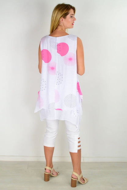 Pink circle sleeveless tunic top by La Mode, casual sleeveless tunic with a relaxed fit and vibrant pink color.