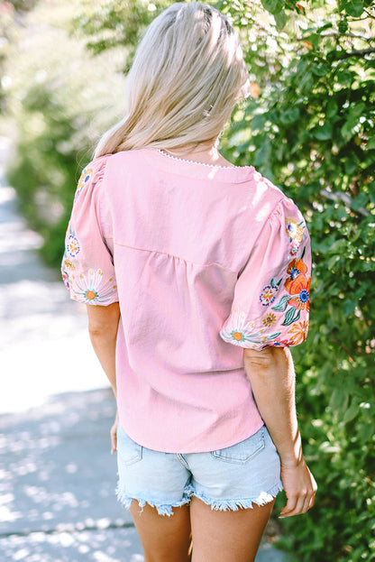 Pink Floral Embroidered Puff Sleeve Split Neck Blouse - Tops/Blouses & Shirts