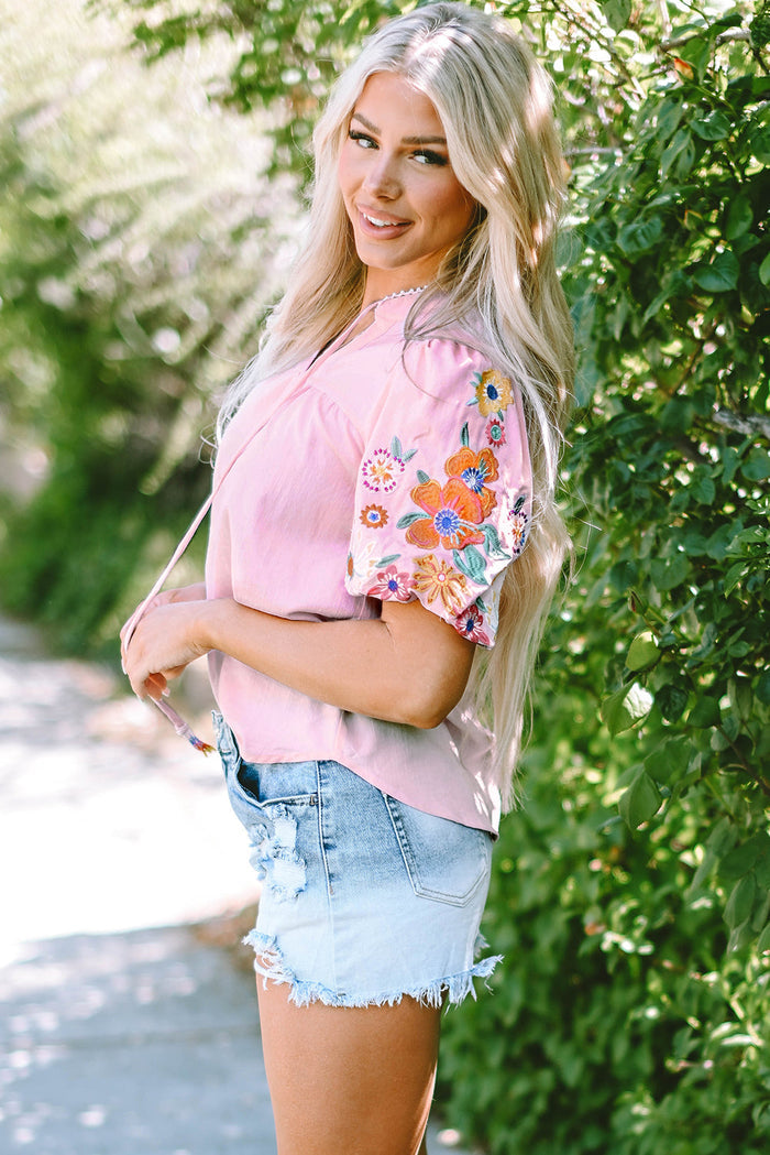 Pink Floral Embroidered Puff Sleeve Split Neck Blouse - Tops/Blouses & Shirts
