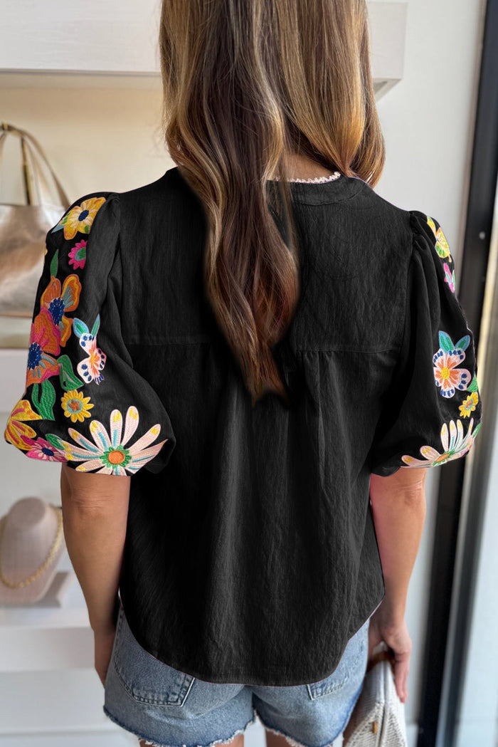 Pink Floral Embroidered Puff Sleeve Split Neck Blouse - Tops/Blouses & Shirts
