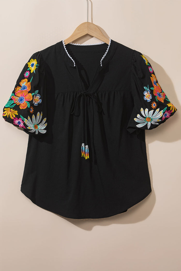 Pink Floral Embroidered Puff Sleeve Split Neck Blouse - Tops/Blouses & Shirts