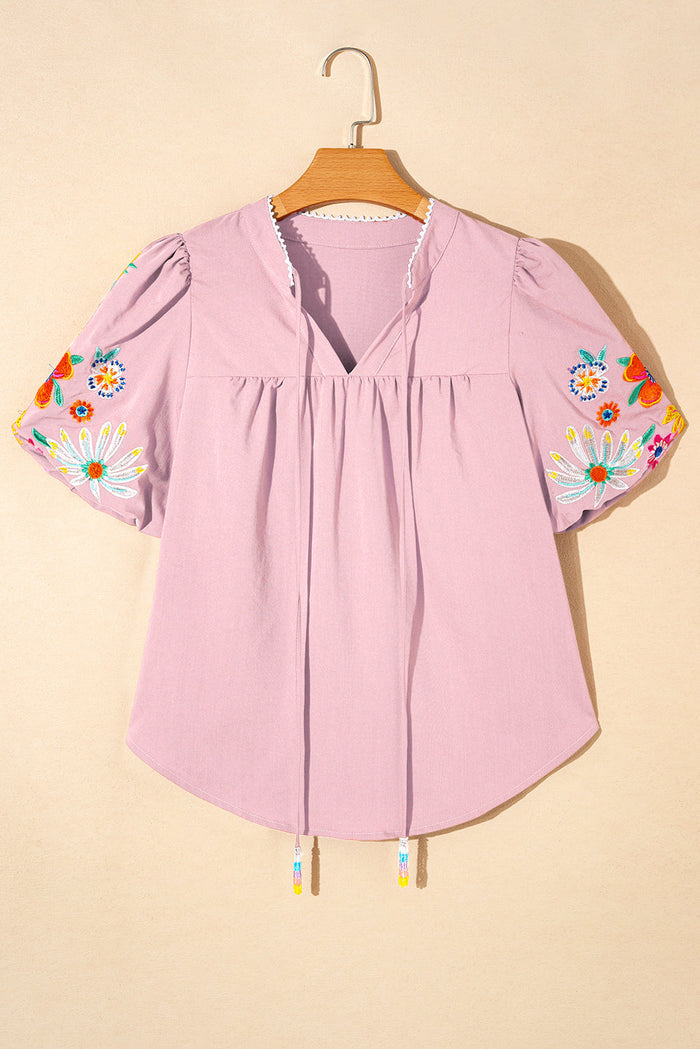 Pink Floral Embroidered Puff Sleeve Split Neck Blouse - Tops/Blouses & Shirts