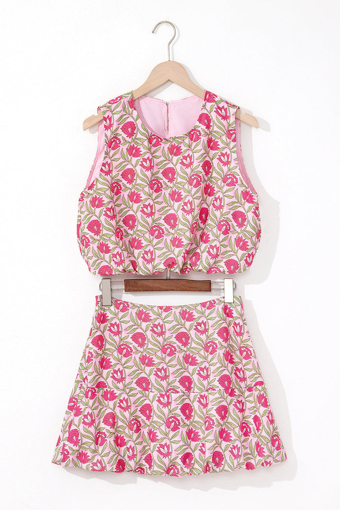 Pink Floral Print Puffy Cropped Tank and Mini Skirt Set - Two Piece Sets/Two Dresses