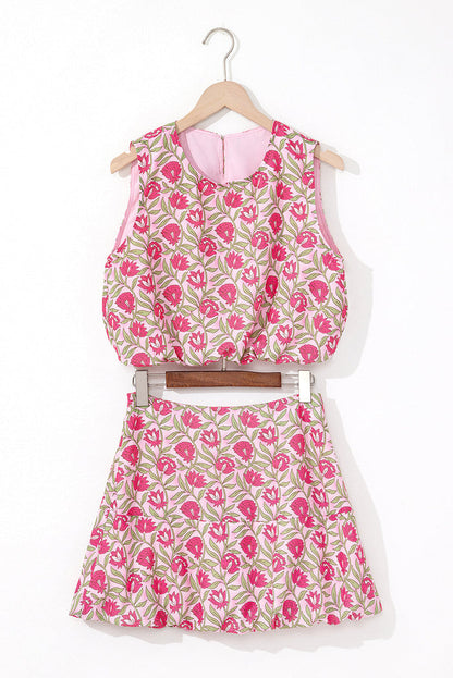 Pink Floral Print Puffy Cropped Tank and Mini Skirt Set - Two Piece Sets/Two Dresses