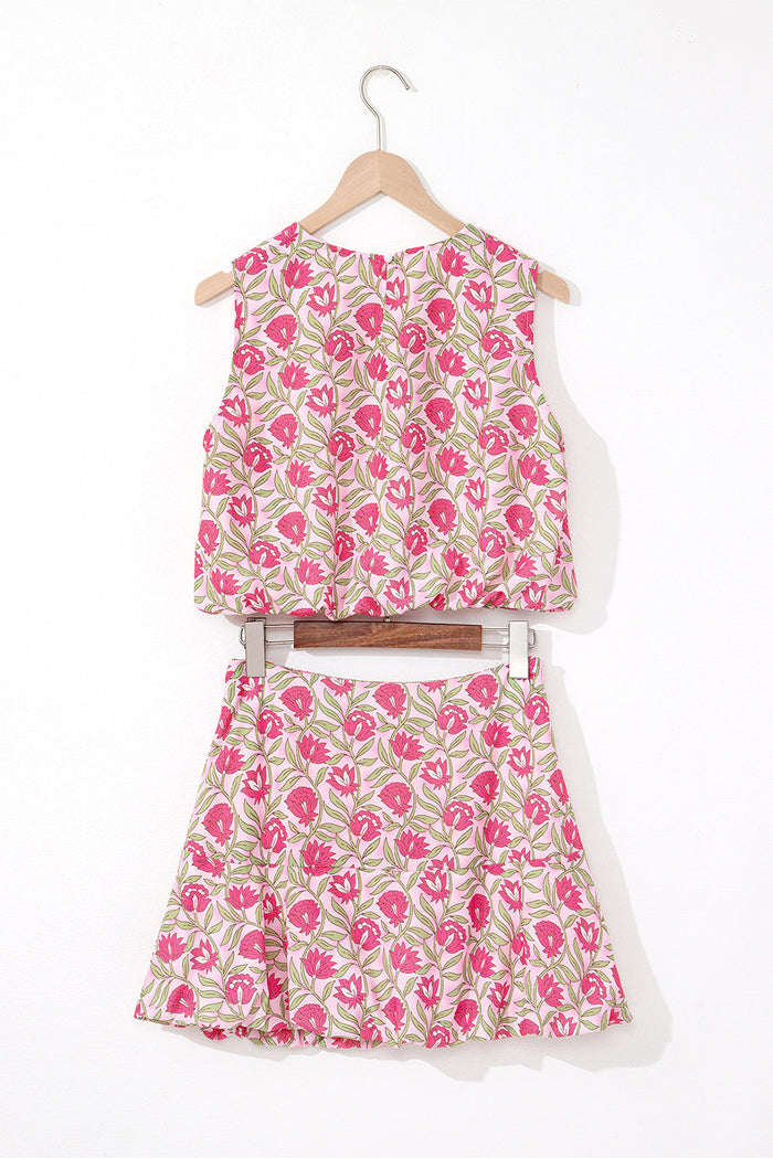 Pink Floral Print Puffy Cropped Tank and Mini Skirt Set - Two Piece Sets/Two Dresses