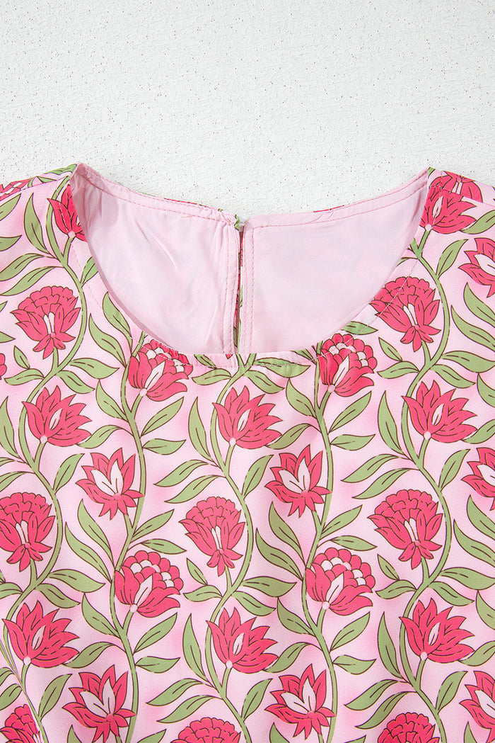 Pink Floral Print Puffy Cropped Tank and Mini Skirt Set - Two Piece Sets/Two Dresses