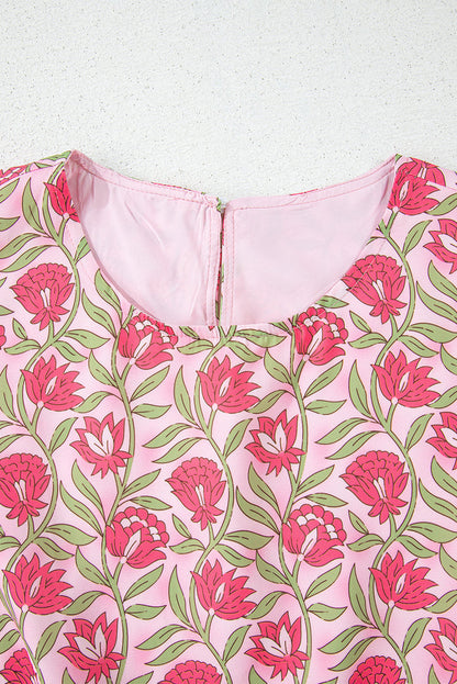 Pink Floral Print Puffy Cropped Tank and Mini Skirt Set - Two Piece Sets/Two Dresses