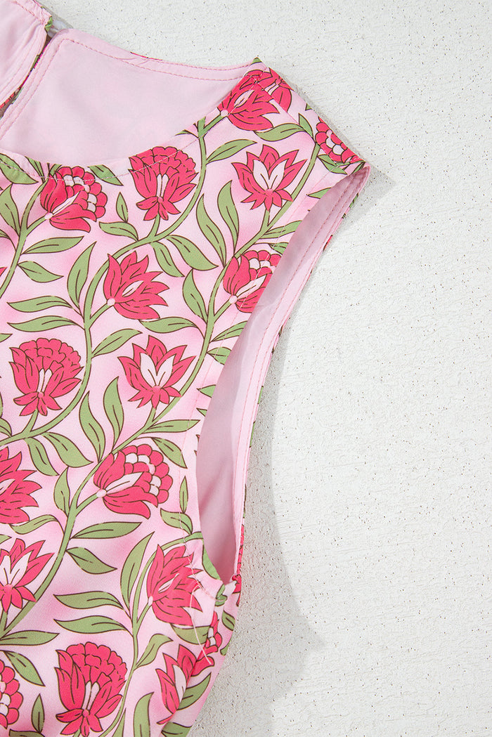 Pink Floral Print Puffy Cropped Tank and Mini Skirt Set - Two Piece Sets/Two Dresses