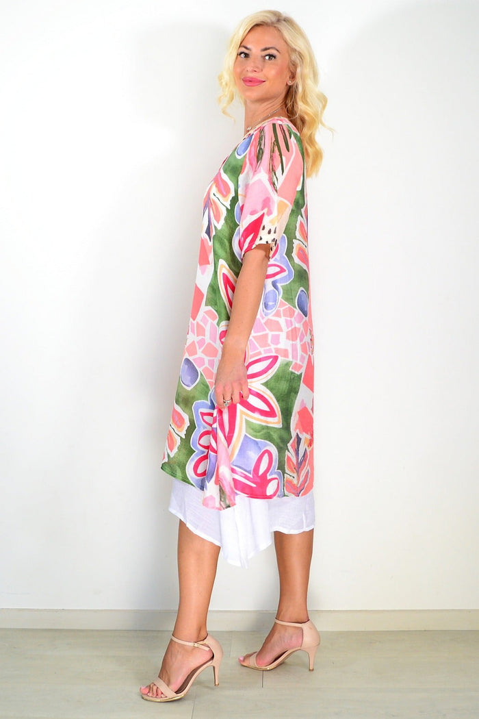 Pink floral print summer tunic dress by La Mode, featuring a lightweight fabric and relaxed fit, perfect for warm weather.