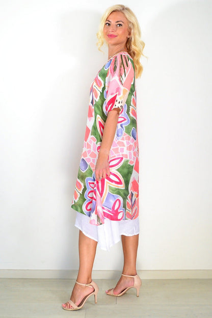 Pink floral print summer tunic dress by La Mode, featuring a lightweight fabric and relaxed fit, perfect for warm weather.