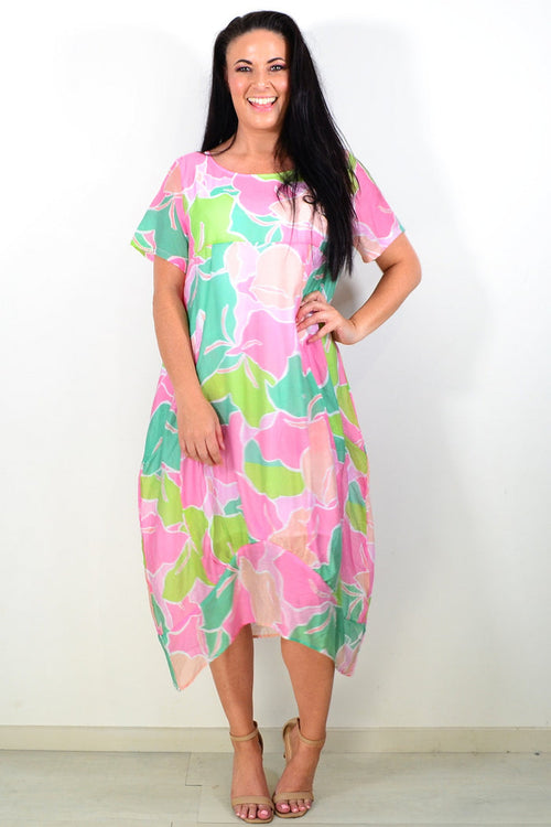 Pink Lime short sleeve tunic dress by Cali&Co, shown with a relaxed fit and soft fabric, perfect for casual wear.