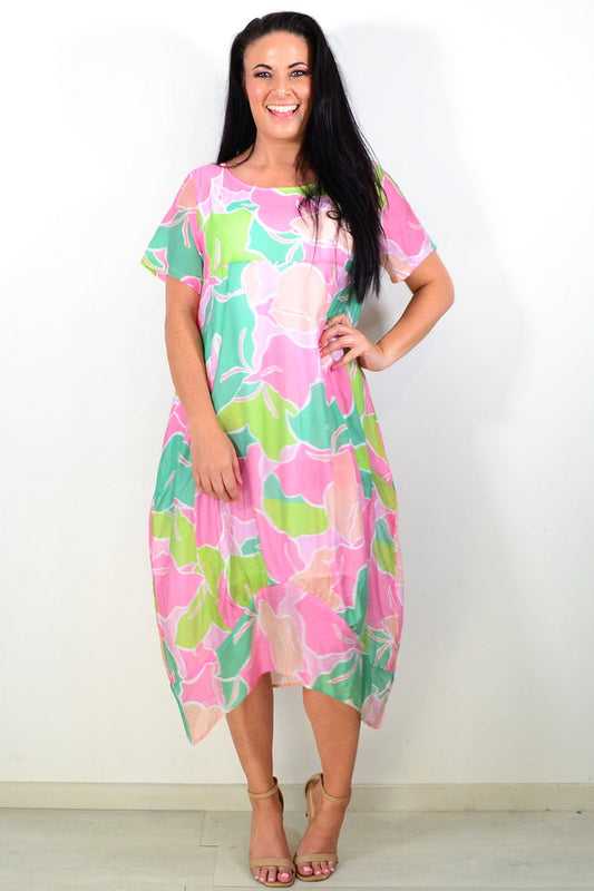 Pink Lime short sleeve tunic dress by Cali&Co, shown with a relaxed fit and soft fabric, perfect for casual wear.