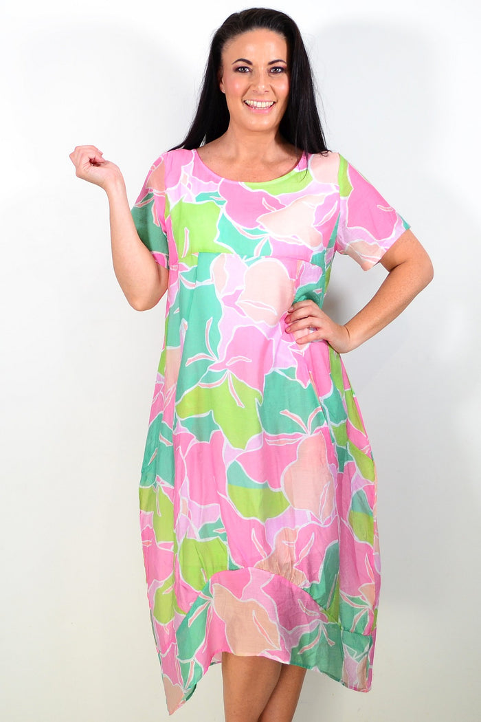 Pink Lime short sleeve tunic dress by Cali&Co, showing a lightweight, flowy fabric with a relaxed fit and vibrant color.