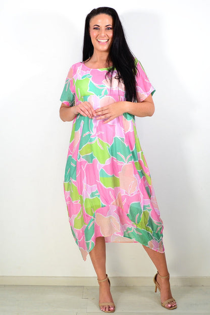 Pink Lime short sleeve tunic dress by Cali&Co, shown on a hanger with a relaxed fit and vibrant color.