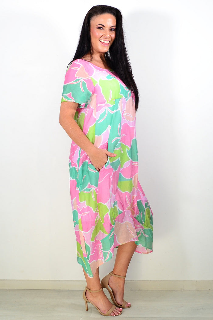 Pink Lime short sleeve tunic dress by Cali&Co, featuring a relaxed fit and stylish design perfect for casual wear.